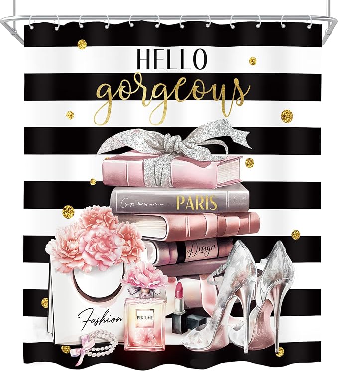 4Pcs Pink Black Girls Bathroom Sets with Shower Curtain and Rugs, Fashion Flower Perfume Toilet Lid Cover, Bath Mat, Women Girly White Striped High Heels Books Shower Curtain with 12 Hooks