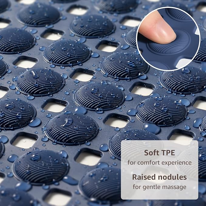 OTHWAY Bath Tub Shower Mat Non Slip, Bathtub Floor Liner Mats for Inside Shower Bathroom, Suction Cups and Drain Holes for Feet Scrubbing, Machine Washable, Soft on Feet, 35x16 Inch, Navy Blue
