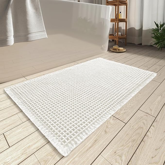 AMOAMI Upgraded Waffle Bath Mat, Super Absorbent Non Slip Bath Mats for Bathroom Floor, Machine Washable Boho Bathroom Rugs with Tassels, Rubber Backed Bathroom Mats, Ultra Soft, 24" x 36"