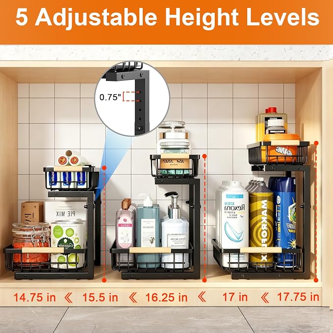 REALINN Under Sink Organizer, Height Adjustable 2 Tier Pull Out Cabinet Storage, L-Shaped Drawer Organizer for Kitchen Sink Organizer, Bathroom Organizers and Storage, Smooth Sliding Rails, Black