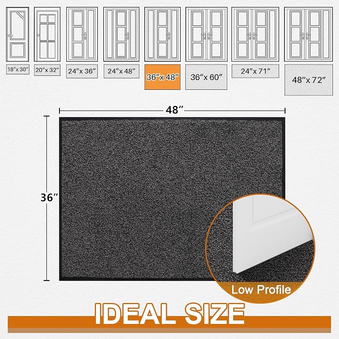 Mibao Front Door Mat Indoor Entrance, 48" x 36", Dirt Trapper Welcome Mat for Outdoor Indoor, Non-Slip Waterproof Doormat, Durable Machine Washable Low Profile Entry Rug for Back Door Outside,Grey