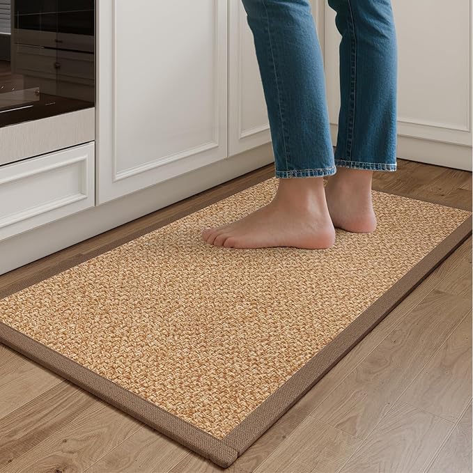 YDKGL Kitchen Mats for Floor, Rubber Backing Kitchen Rugs Non Slip Washable, Super Absorbent Jute-Like Braid Kitchen Runner Rug Sink Mat Standing Mat, Easy to Clean, Brown 17"x30"