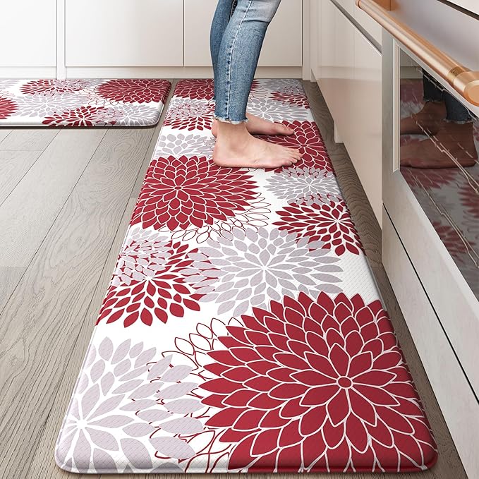 Anti Fatigue Kitchen Mats,17"x59"+17"x29" Non Slip Boho Dahlia Kitchen Rugs Sets of 2,Farmhouse Waterproof Kitchen Mat for Floor,Cushioned Standing Mat for Office,Laundry,Sink,Desk,Red