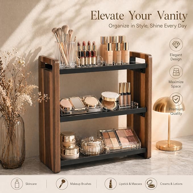 Narrow Solid Wood Bathroom Counter Organizer, Space-Saving Bathroom Storage Rack for Vanity, Multi-Purpose Kitchen Spice Rack & Bedroom Makeup Organizer(Acacia, 3 Tier)