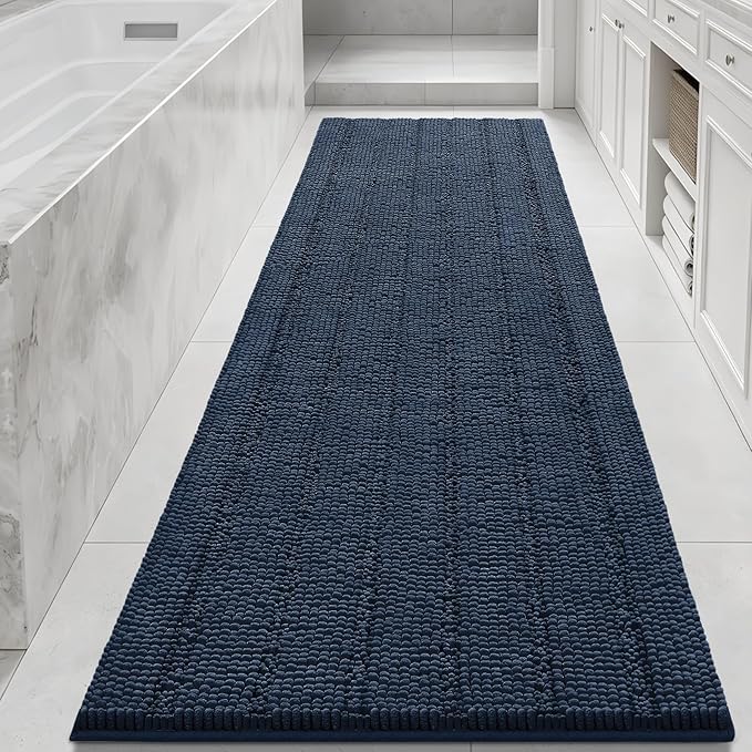 Bcoimo Long Bathroom Rug, Chenille Bath Runner with High Low Pile Design, Soft Absorbent Non Slip Bath Mat, Machine Washable Quick Dry Rug for Shower, Tub, Sink and Vanity
