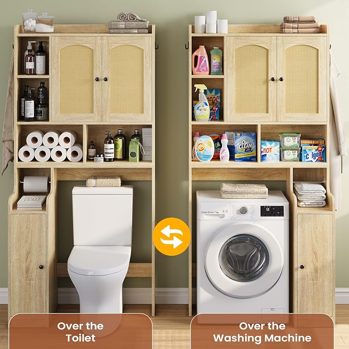Itaar Over The Toilet Storage Cabinet, Farmhouse Rattan Bathroom Cabinet, Over Toilet Bathroom Organizer with Rattan Barn Doors & Toilet Paper Holder Stand, for Restroom, Laundry, Rattan Oak