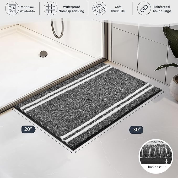 PURRUGS Bathroom Rug Non-Slip Machine Washable 20" x 30", Super Absorbent and Quick Dry Shaggy Microfiber Bath Mat, Extra Soft and Plush Bath Rug for Bathtub, Shower, and Sink, Charcoal