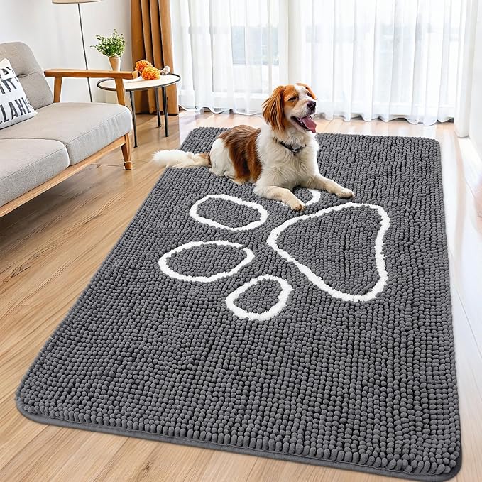 Smiry Dog Door Mat for Muddy Paws, Absorbent Dirt Trapper Non Slip Quick Dry Washable Chenille Mat for Mud Dogs, Entry Rug for Indoor and Outdoor (59x35 Inches, Dark Grey and White)