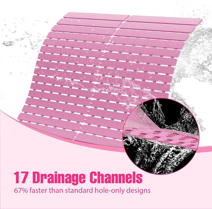 Shower Mat Non-Slip Bath Mat for Tub and Shower Stall,236 Suction Cups with Drain Holes, Quick Dry Machine Washable, Extra Grip for Stand Up Showers, Bathroom Essentials 24x24 Inch (Pink)