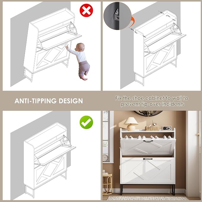 Nicetree Shoe Cabinet with 2 Flip Drawers, Freestanding Shoe Organizer, Shoe Cabinet with Metal Legs, Narrow Shoe Rack Cabinet for Entryway, Foyer, Hallway, White