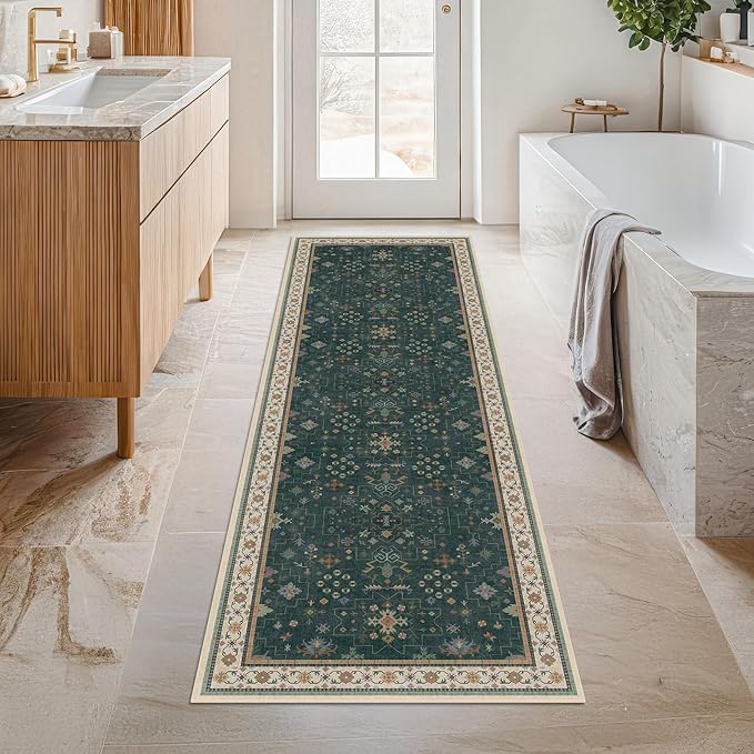 Hazo Haus Dark Green 2x6 Kitchen Rug - Modern Vintage Boho Eclectic Floral with Brown Accent, Washable Low Pile Non-Slip Runner Rugs for Bathroom, Door Mat Indoor Entrance, Hallway, Bedroom, Laundry