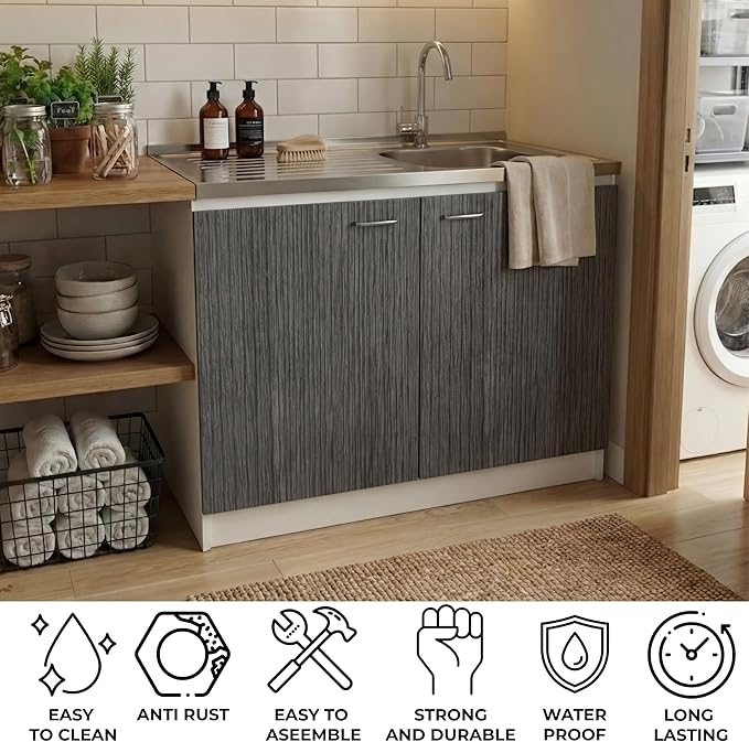 Tuhome Napoles Utility Sink Base Cabinet with Integrated Stainless Steel Countertop, Freestanding Cabinet with Double Doors, Interior Shelf for Laundry Room, Utility Room, Mudroom or Kitchen
