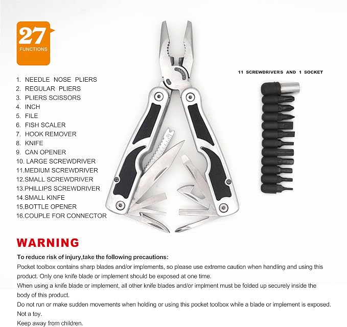 PLB027 stainless steel multi-function plier. 27 functions with knife, fish scaler, screwdrivers, can and bottle opener, 11 bits and 1 socket. Hand size and easy to carry and use indoor, outdoor