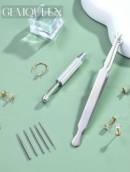 GEMQUEEN Piercing Taper Ball Grabber Tool for Changing Jewelry - 14G 16G 18G 20G Stainless Steel Flat Back Earrings Applicator Tool Threadless Insertion Pin Thread Body Piercing Kit for Ear Nose Lip