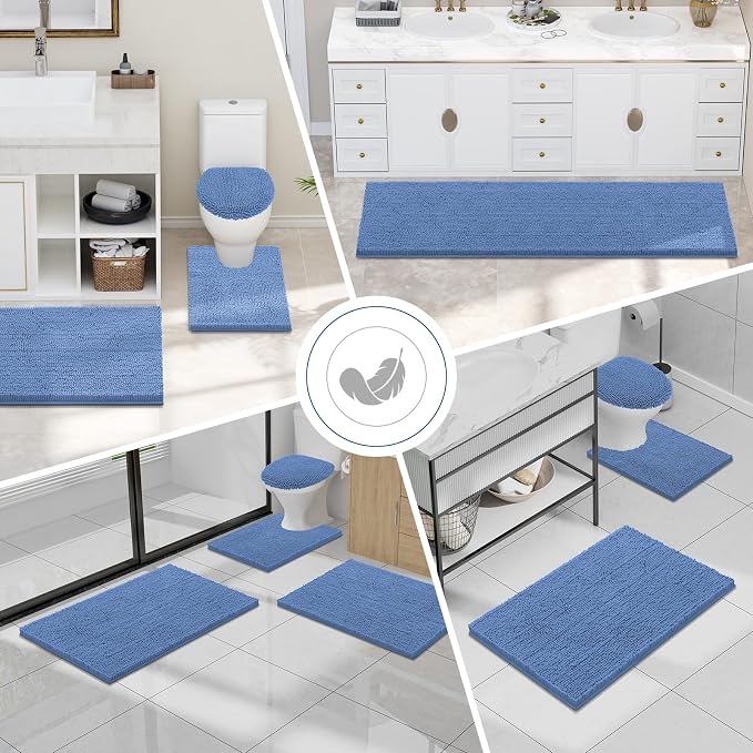 Smiry Luxury Chenille Bathroom Rugs 30x20, Extra Soft and Absorbent Shaggy Bath Mat, Machine Washable, Non-Slip Plush Carpet Runner for Tub, Shower, and Floor, Home Decor Accessories, Cornflower Blue