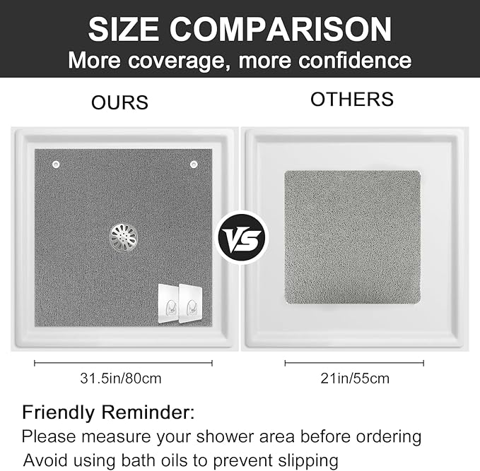 Extra Large Square Shower Mat for Inside Shower, 32 x 32 Inch Shower Floor Mat with Center Drain Hole, Designed for Walk-in Showers, Non-Slip Loofah Mat with Wide Coverage for Stable Standing