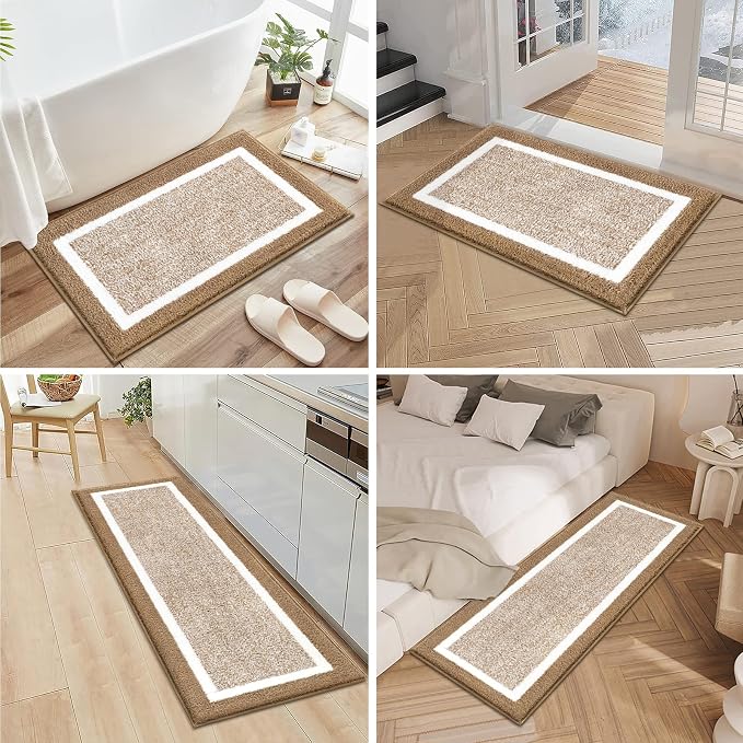 Pauwer Bathroom Rugs Sets 3 Piece Bathroom Shower Rugs with U-Shaped Contour Toilet Mat Absorbent Microfiber Plush Non Slip Bath Mats Machine Washable Shaggy Bath Floor Mat, Khaki