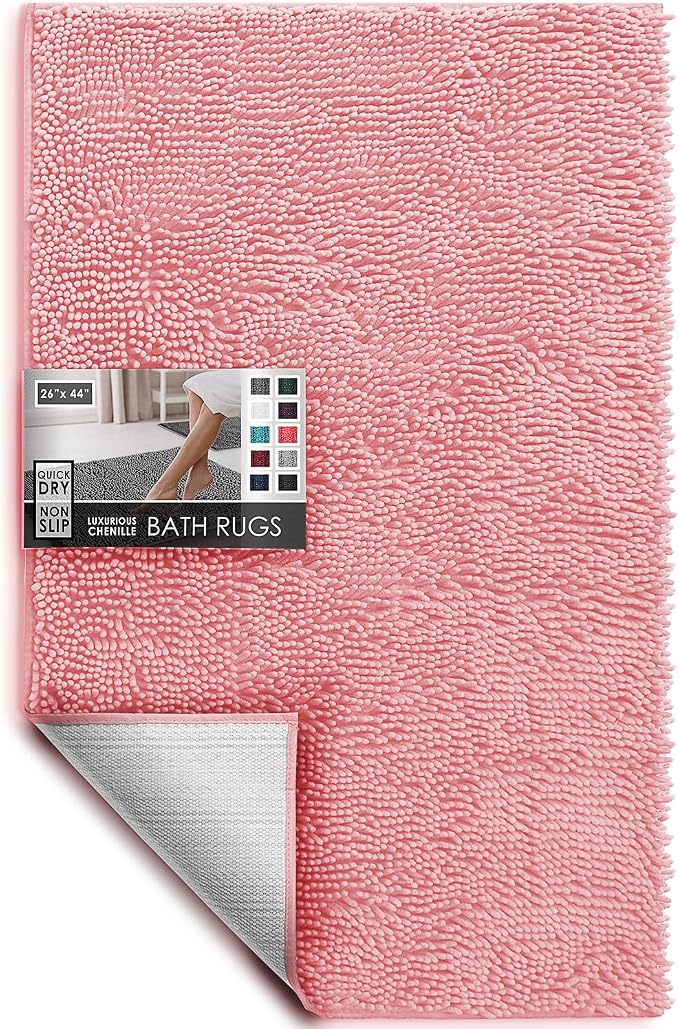 Hearth & Harbor Bathroom Rugs, Chenille Bath Mat - Machine Washable Bath Mats for Bathroom Non-Slip Backing Rubber, Quick Dry Bathroom Mat, 26 x 44 - Pink