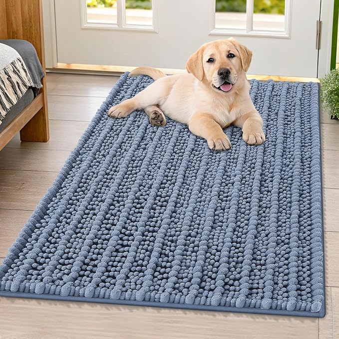 Smiry Dog Door Mat for Muddy Paws 40x32, Absorbent Dirt Trapper, Non-Slip Washable Chenille Entryway Rug for Inside Floor, Airy Blue, Layered Pattern