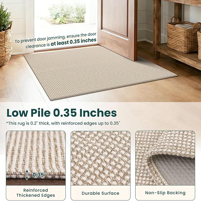 KOZYFLY Washable 5x7 Living Room Rug, Non Slip Woven Area Rugs, Braided Floor Carpet for Entryway, Kitchen, Bedroom, Dining Room, Office, Cotton Rug Indoor Decor, Ivory/Camel/Brown