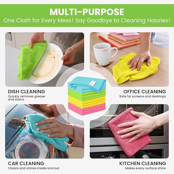 12 Pack Microfiber Cleaning Cloth, 4 Assorted Colors Cleaning Rags for Housekeeping, Colorful Reusable Microfiber Towels for Car, Kitchen, Bathroom and Household Cleaning Supplies, 11.8"X11.8"