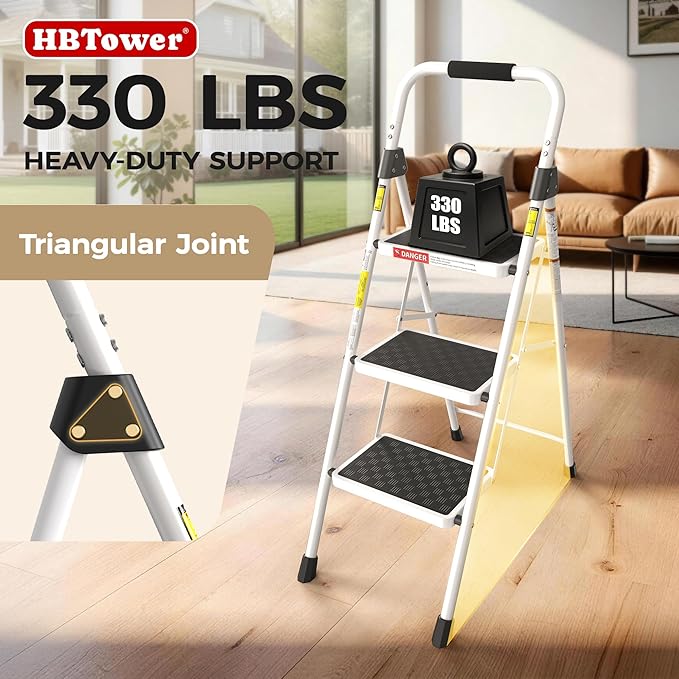 HBTower 3 Step Ladder, Heavy Duty Step Stool with Anti-Slip Pedal and Feet, Folding Step Stool for Adults, Comfortable Handrail, Portable Ladder for Home Kitchen Garage Outdoor, 330 Lbs, White