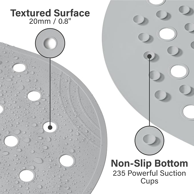 Rubber Bathtub Mat Shower Mat Non-Slip, 39x16 Inch, Bath Tub Floor Mat with Suction Cups and Drainage Holes, Grey