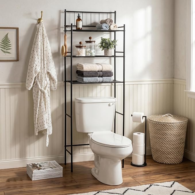 Honey-Can-Do 3-Tier Over-the-Toilet Space Saver Shelf, Black Metal, 23W x 65H x 9.5D in, Freestanding Bathroom Organizer