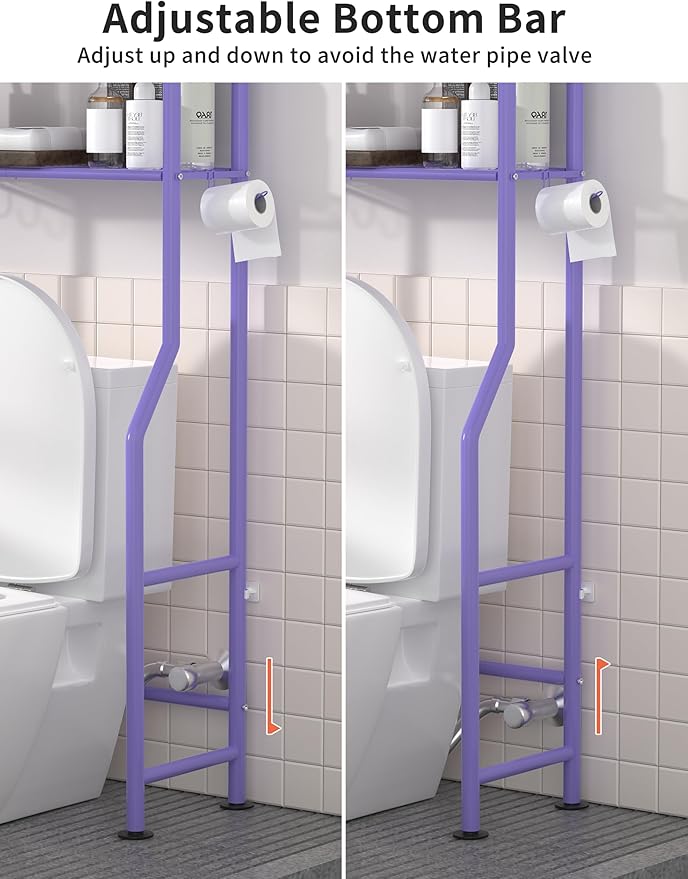 Livilord 3-Tier Over The Toilet Storage, Freestanding Metal Bathroom Shelves with 4 Hooks, Over Toilet Storage Shelf with Paper Holder, Above The Toilet Shelf for Bathroom Storage, Purple