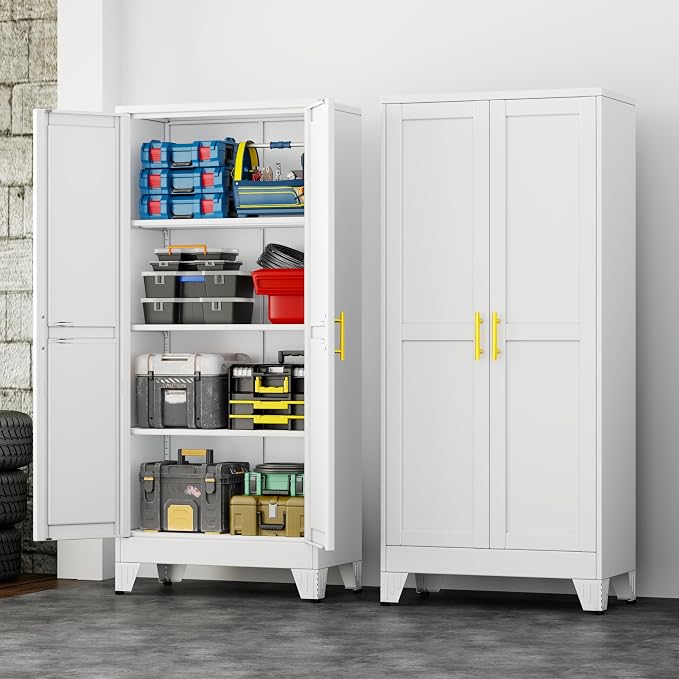 61" White Metal Garage Storage Cabinet with 2 Doors and 3 Adjustable Shelves,Kitchen Pantry Cabinet,File Cabinet,Steel Tool Cabinet for Home,Office,Garage,School,Warehouse