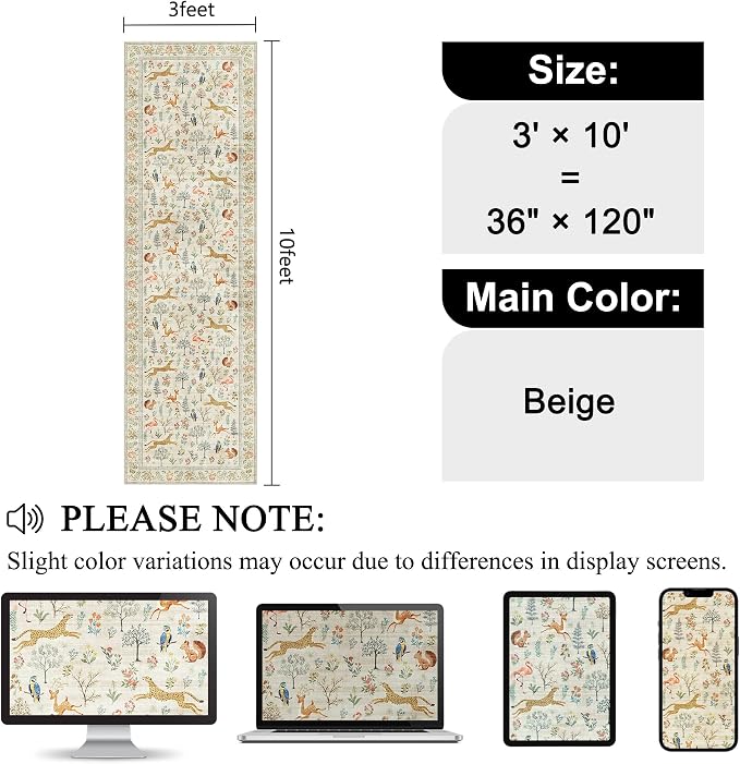 DUKINO 3x10 Washable Runner Rug for Hallway, Lightweight Long Kitchen Rug with Low Pile Design, Vintage Animal Non Shedding Thin Indoor Carpet for Entryway, Bathroom, Bedroom, Laundry Room, Beige
