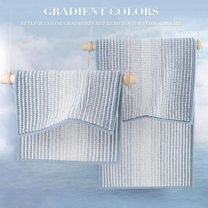 BSICPRO Bathroom Rugs and Mats Sets, 2 Piece Thick Absorbent Chenille Bath Mat Rug Set Non Slip, Soft Shaggy Bath Room Floor Mats for Bathroom, Machine Washable (20" x 60" Plus 20" x 32",Ice Blue)