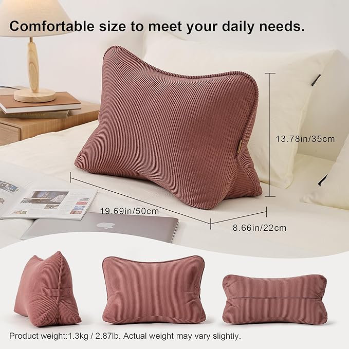 Pat. Pend. Corduroy Back Pillow for Sitting Up & Reading, Ergonomic Triangle Lumbar Support Cushion for Sofa, Armchair & Bed, Removable Cover, Brick Brown