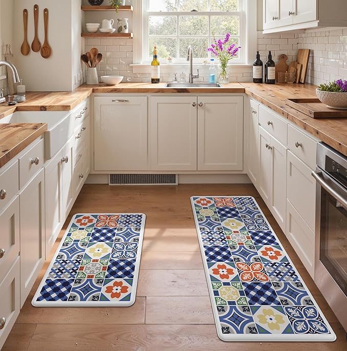 GENIMO Anti Fatigue Kitchen Mats for Floor, Cushioned Non Slip Kitchen Rug, Waterproof Kitchen Floor Mat Runner, Kitchen Mat for Laundry, Sink, Office, Entryway, 17.3"x59"+17.3"x30", Blue