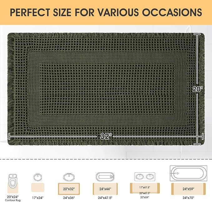 Waffle Bath Mat, Boho Woven Modern Bath Rug Absorbent Non Slip, Ultra Soft Bathroom Mats, Machine Washable Knit Bath Rugs with Tassels for Bathroom, Bedroom, Kitchen, Shower, Tub, 32"x20", Dark Green