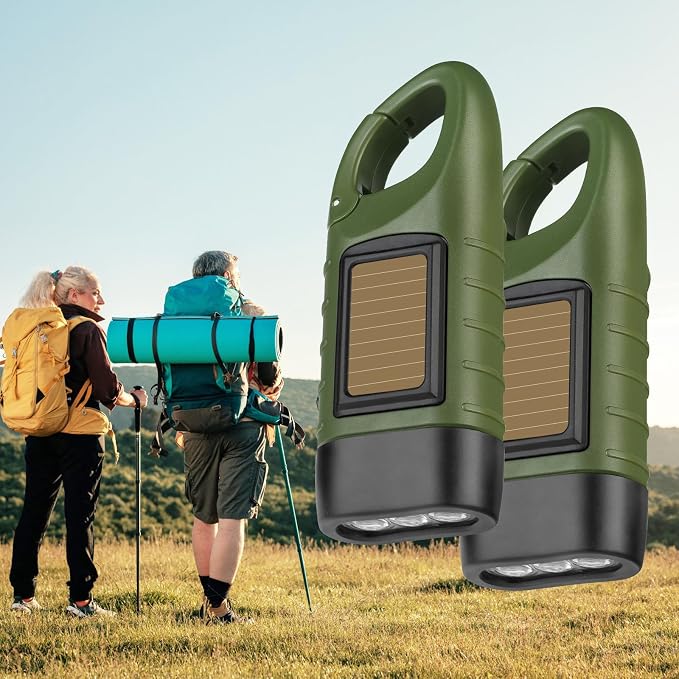 SEANCHEER Hand Crank Solar Powered Flashlights,Compact Emergency Rechargeable LED Flashlight Handheld Survival Flashlight,Quick Snap Carbiner Dynamo Flashlight for Outdoor,Sports,Hiking-2 Packs Green