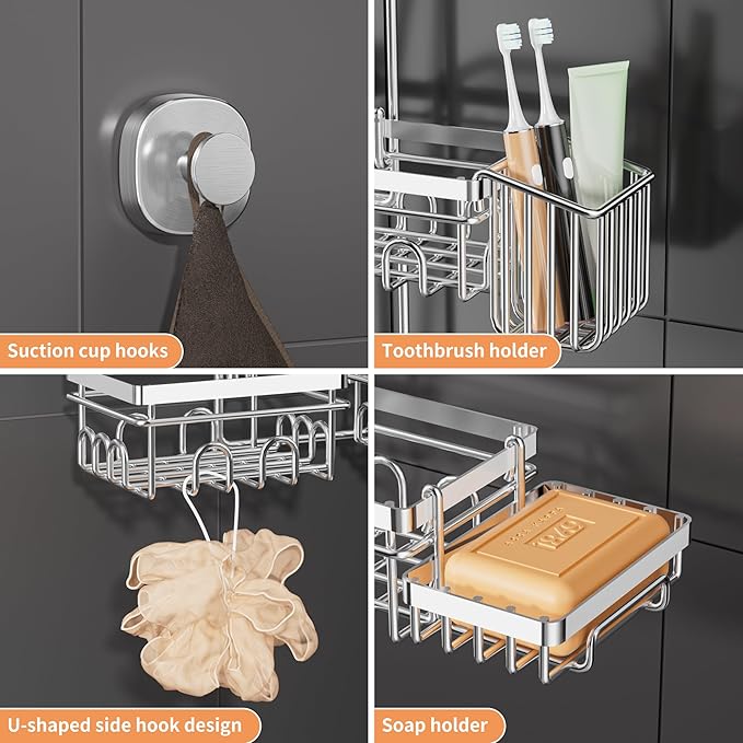 DAOYA Shower Caddy Hanging - Over Shower Head Caddy, 0.82 inch Universal with 2 Shelves, Soap Holder, Toothbrush Holder & Reusable Suction Hook, Complete Silver Bath Organizer Set
