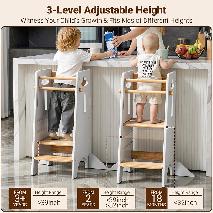 COSYLAND Toddler Standing Tower Adjustable Height (NO Wide Back Panel) - Super Stable Toddler Kitchen Stool Helper - 3 Levels Adjustable Wooden Kids Kitchen Stool (Natural & White)