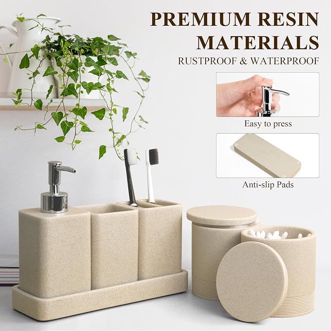 YMXYJM Bathroom Accessories Set, 6 Piece Bathroom Set with Toothbrush Holders, Soap Dispenser, Vanity Tray, Tumbler, Cotton Swab Jars, Bathroom Organizer，Bathroom Sink Sets, Stone Beige