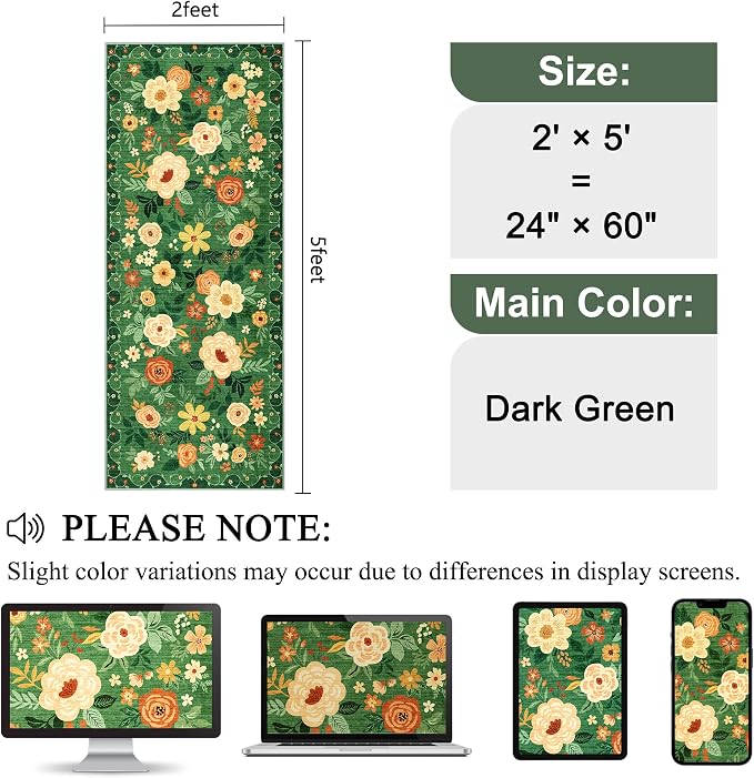 DUKINO 2x5 Runner Rug for Hallway, Washable Kitchen Floral Runner Rug with Non Slip Backing, Low Pile Soft Boho Carpet for Kitchen, Hallway, Entryway, Laundry, Bedroom, Dark Green