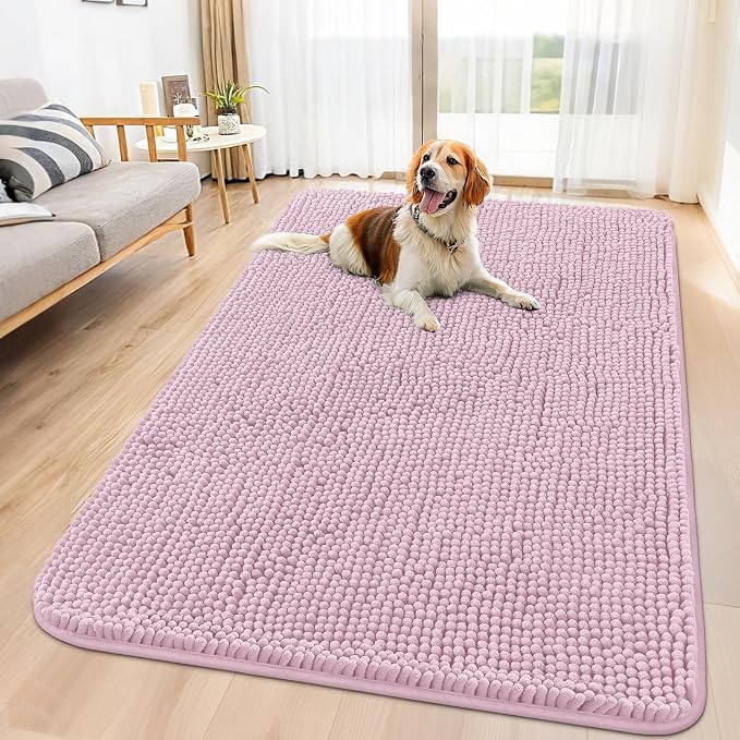 Smiry Dog Door Mat for Muddy Paws 59x35, Absorbent Dirt Trapper, Non-Slip Washable Chenille Entryway Rug for Inside Floor, Dusty Rose, Classic Solid