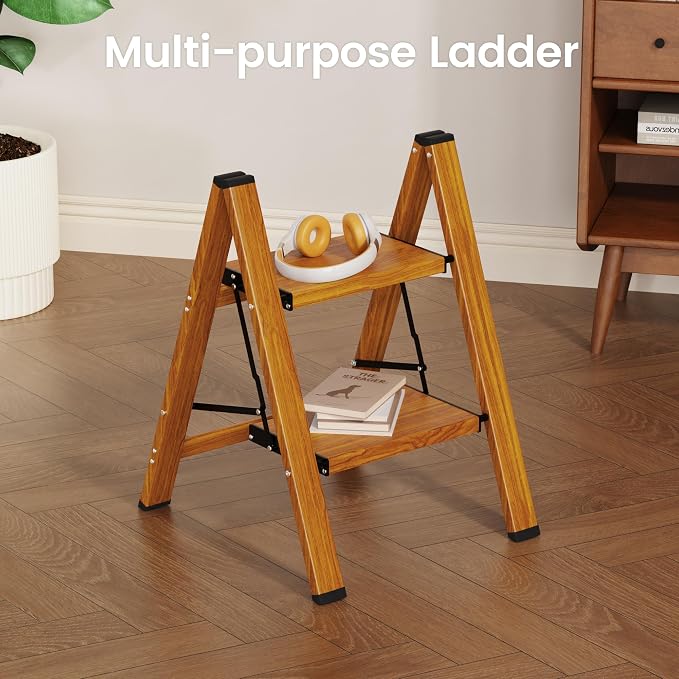 HBTower Step Ladder,Lightweight Aluminum Folding Step Stool with Anti-Slip Wide Pedal,330lbs Capacity Step Ladder for Household,Kitchen,Office - Woodgrain