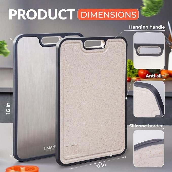 Titanium cutting board for kitchen use. Non-toxic, food-safe, and easy to clean. 2-in-1 double-sided design for meat & veggies. Includes knife sharpener & 2 peelers. Large 16” x 11”.