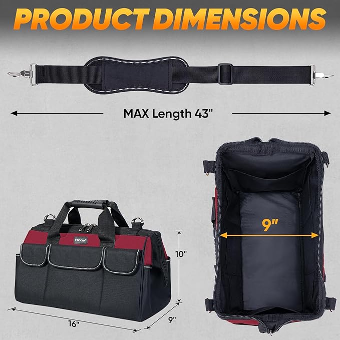 TICONN Heavy Duty Tool Bag with Multi-Pockets, Portable Tool Box Organizer Storage Bag, with Adjustable Shoulder Strap and Ergonomic Handle (Red, 16" Standard Base)