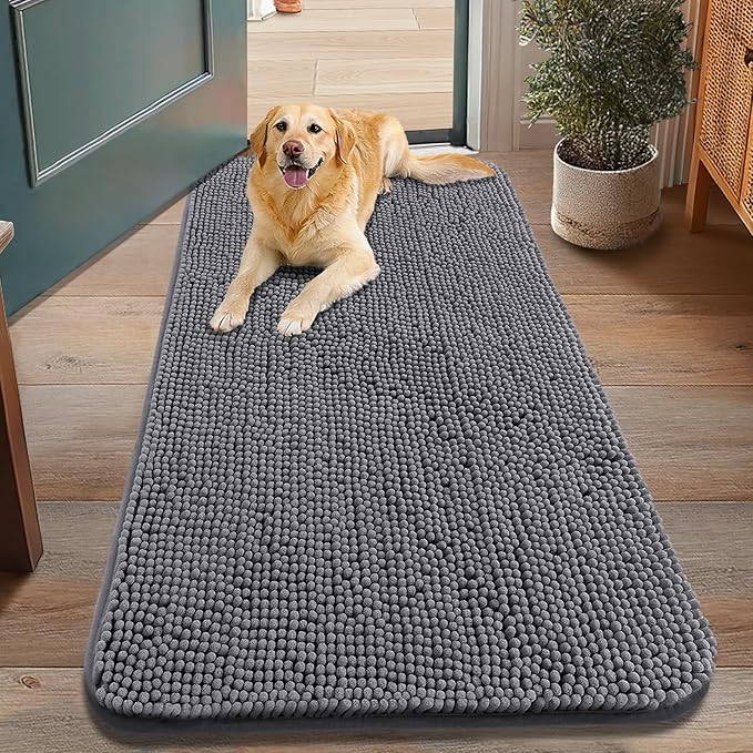 Smiry Dog Door Mat for Muddy Paws 48x30, Absorbent Dirt Trapper, Non-Slip Washable Chenille Entryway Rug for Inside Floor, Dark Grey, Classic Solid