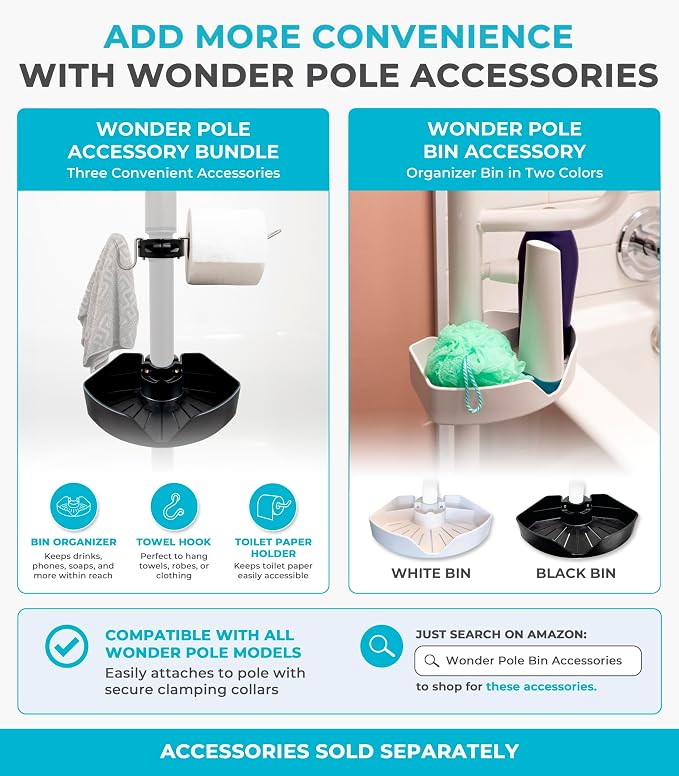 Stander Wonder Pole Plus with Rotating Double Grab Bar, Tension Mounted Security Pole for Seniors & Elderly Adults, No-Drill Floor to Ceiling Transfer Pole for Home & Bath Safety, White
