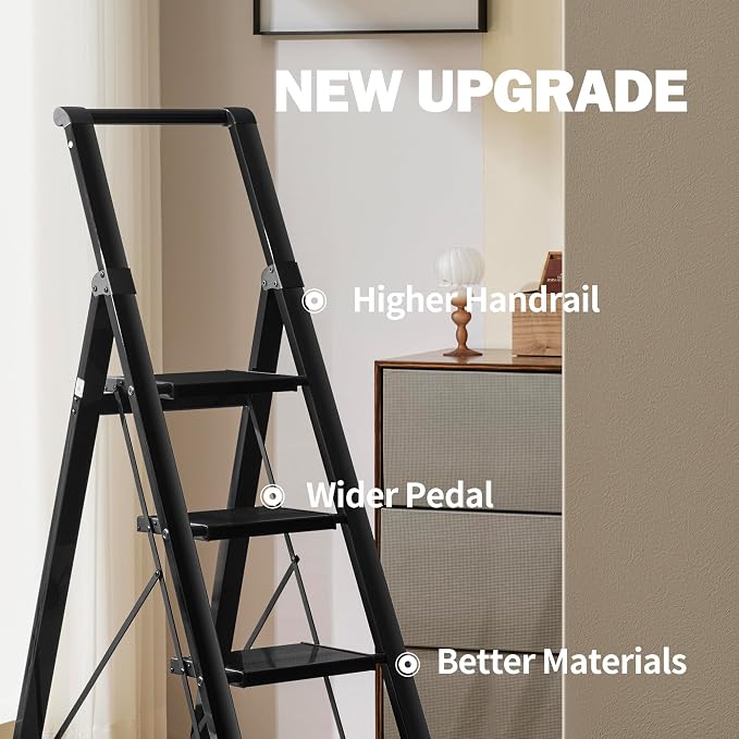 Taranta 4 Step Ladder,Liahtweight Aluminum Laddewith Handgrip, Portable Folding Stepladder with Anti-SlipPedalfor Home, Ofice, Kitchen 330lbs - Black