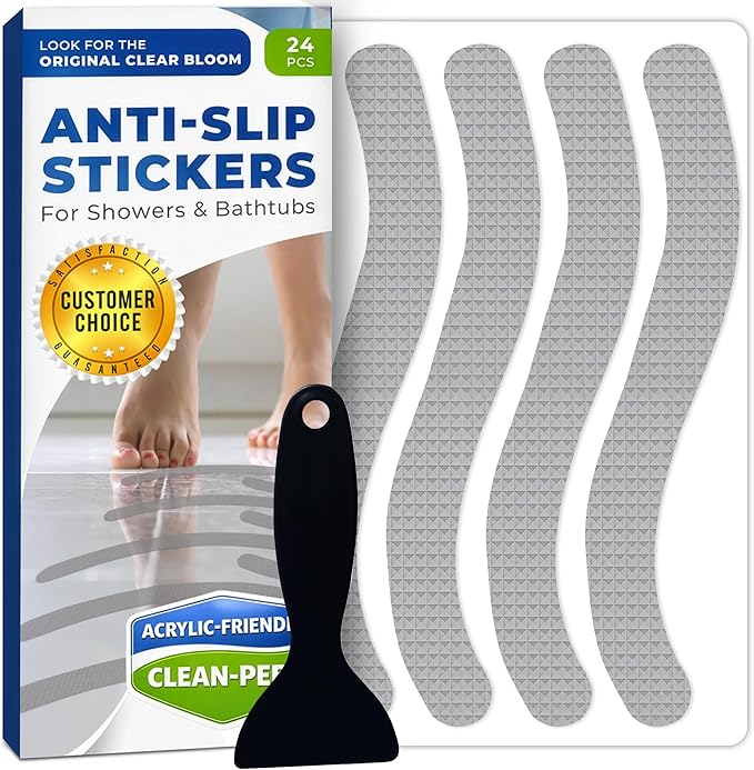 Clear Bloom Anti Slip Shower Stickers 24 PCS, Gray Non-Slip Shower Strips for Adults, Premium Adhesive Bath Tub Stickers