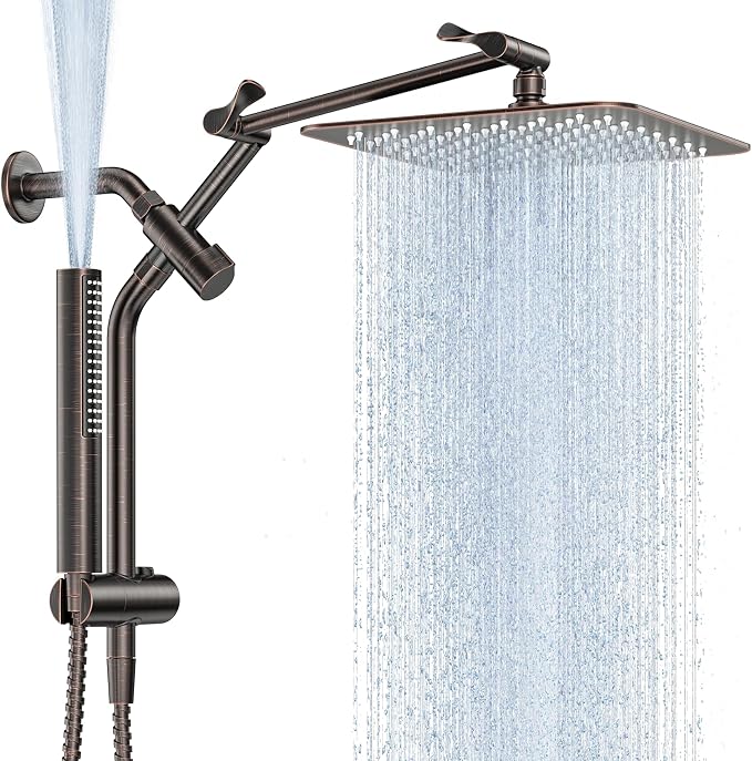 Veken All Metal 10" Oil Rubbed Bronze Shower Head with Handheld, Luxurious Square Double Rain Shower Heads with Power-wash Hand Held, Dual High Pressure Detachable Rainfall Showerhead,Bathroom Upgrade