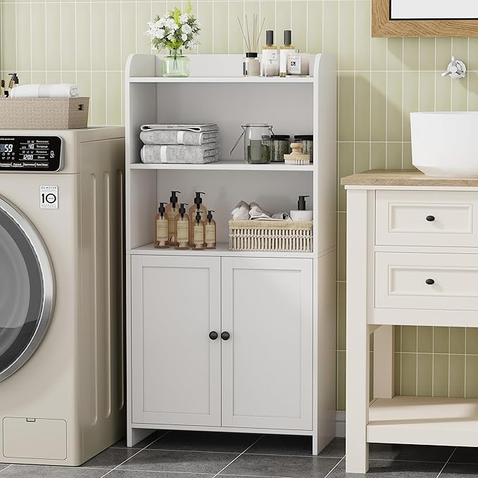 Homhedy Small Bathroom Storage Cabinet, Freestanding Toilet Paper Storage with 2 Doors and Shelves, Bathroom Organizers and Storage for Small Spaces, Laundry Room, 9.8" D x 19.7" W x 39.9" H, White